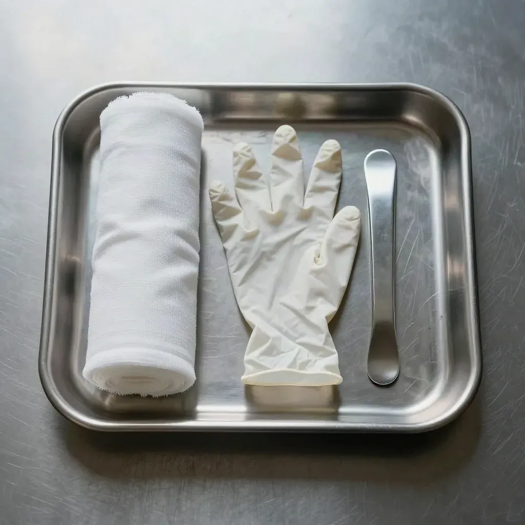 Bovenaanzicht van een RVS instrumentenbak met steriel doek, handschoenmanchet en stalen clip.