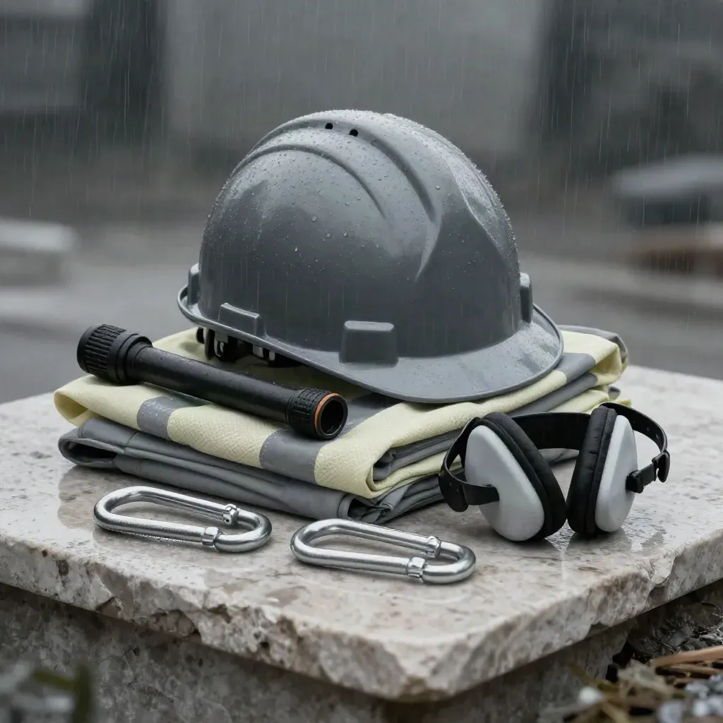 Hard hat, vest, torch, oorkappen en karabiners op natte steen in dramatisch licht.