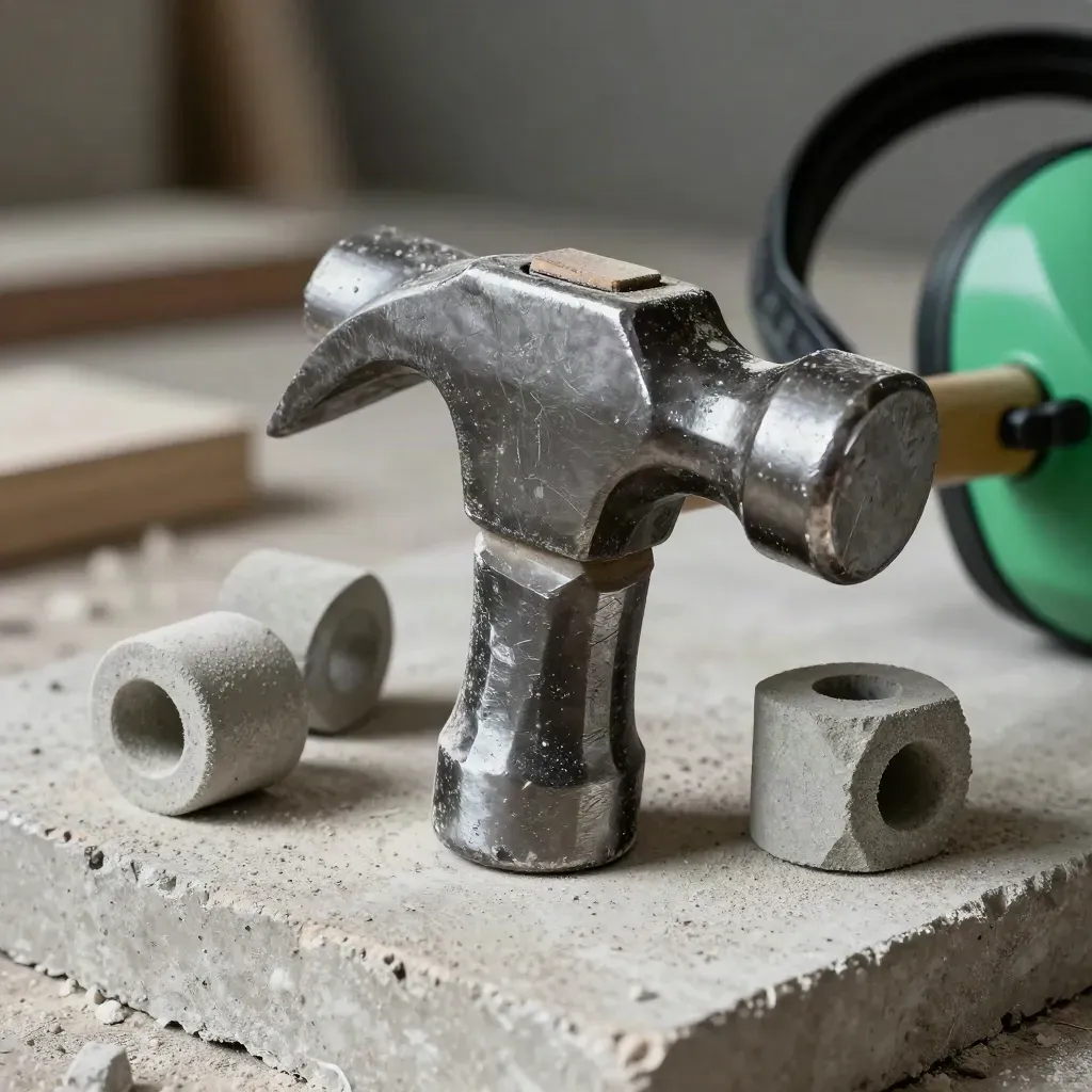 Macro van een metselaars hamer, staalstuk en betonankers met veiligheidskoptelefoon.