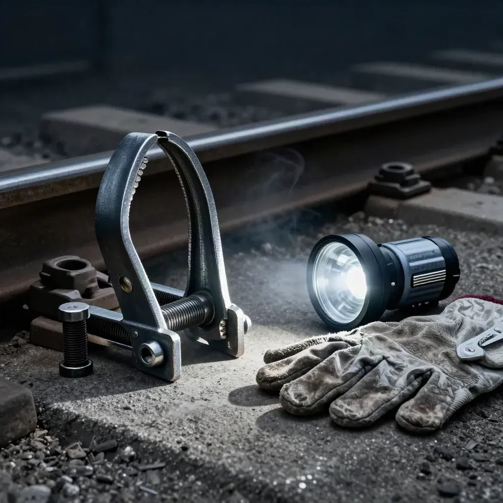 Railonderdelen, klem, handschoen en inspectielamp op donker beton in een tunnelachtige setting.