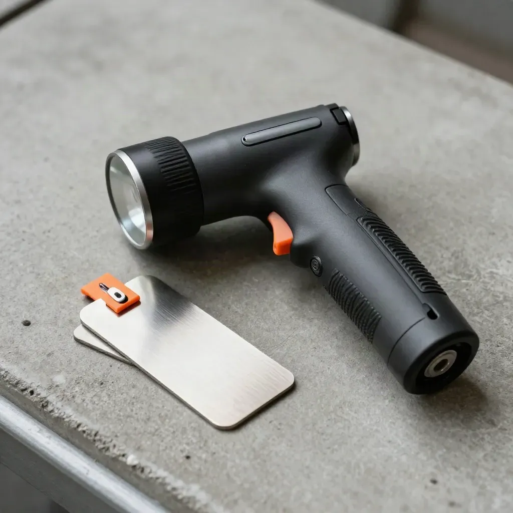 Macrofoto van een inspectietorch met metalen locatie-tags en oranje veiligheidsmarkers op beton.