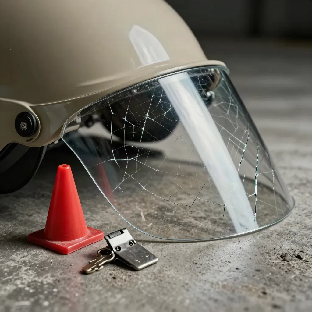 Gekraste veiligheidsvizier met mini-verkeerskegel en verzegelklem op beton