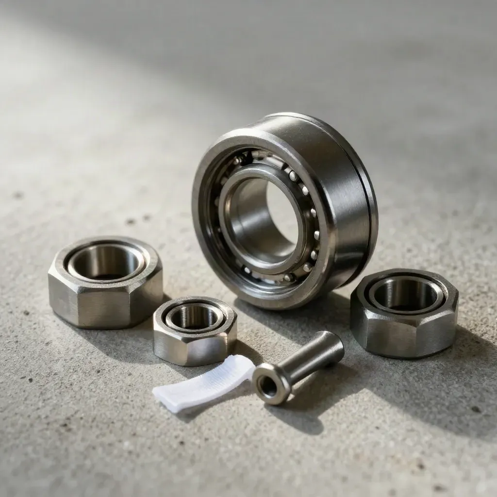 Macro van machinale veiligheidssluiting, lagerring en inbussleutels op grijs beton