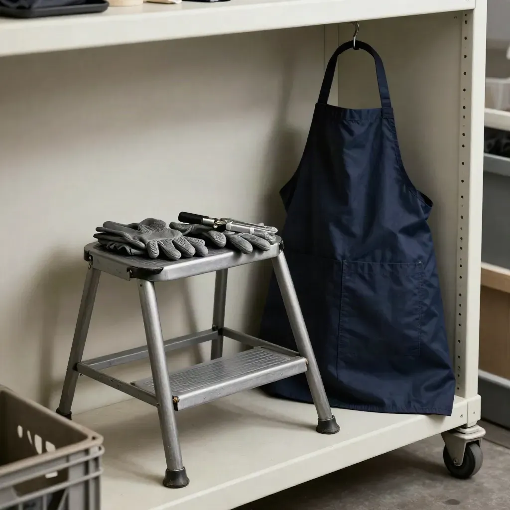 Stilleven van een krukje, stanleymes, handschoenen en opgevouwen schort in een stockroom