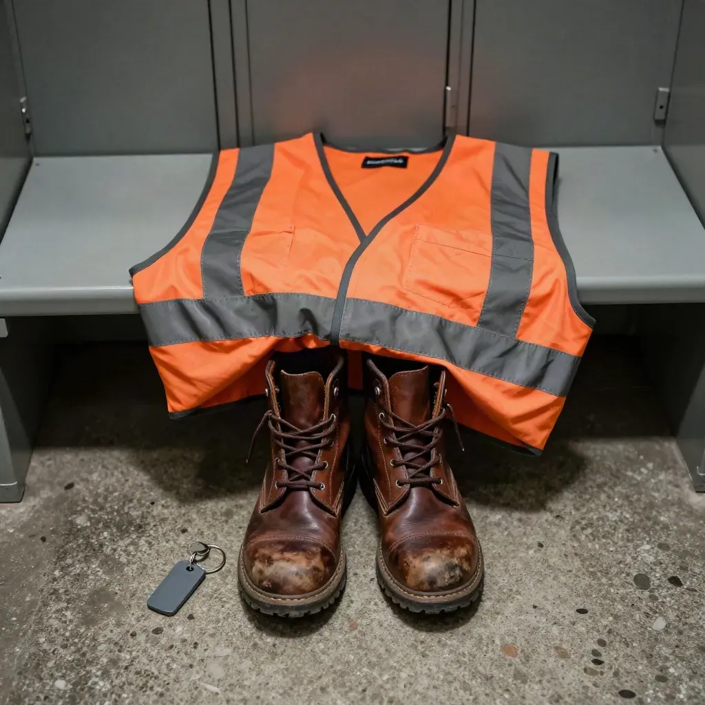 Werklaarzen, gevouwen hi-vis vest en sleutelhanger in een stille kleedkamer.