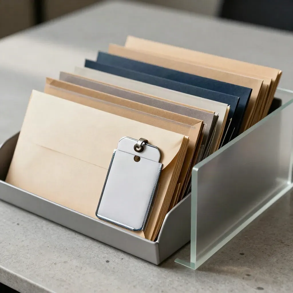 Macro van locker-tags, archiefenveloppen en een smalle sorteerbak voor HR-compliance.