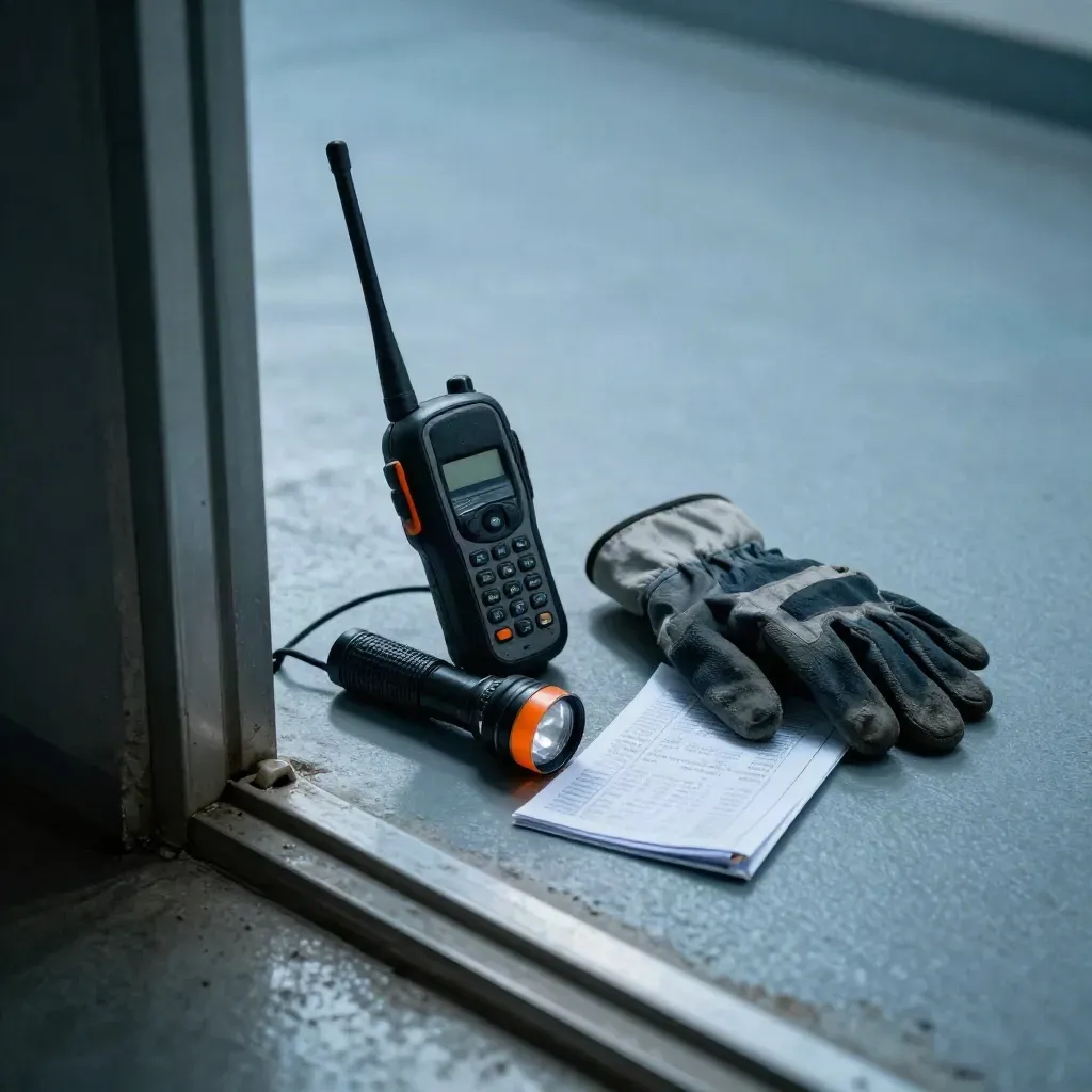 Radio, handschoenen, zaklamp en map bij een deuropening in dramatisch licht.