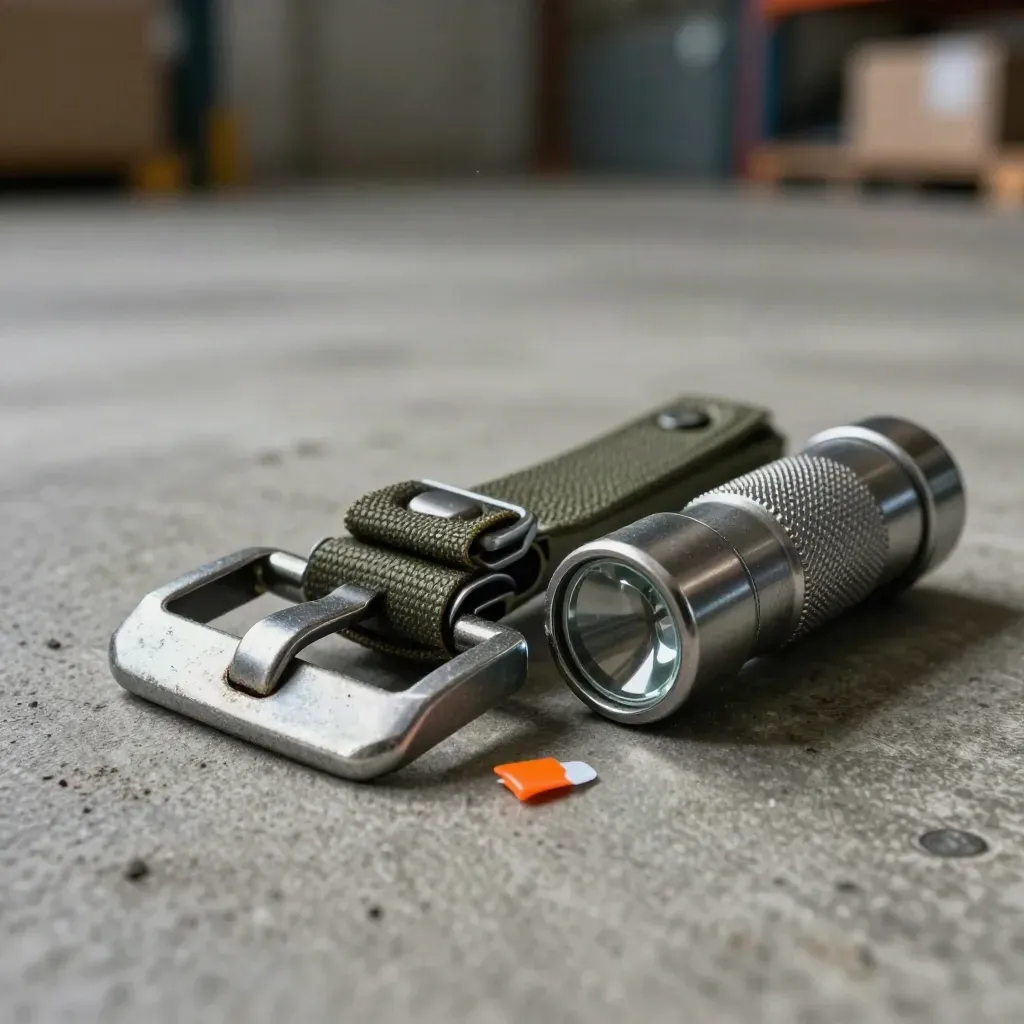 Macro van spanbandgesp, cargoseal en inspectietorch op een betonnen laadperron.