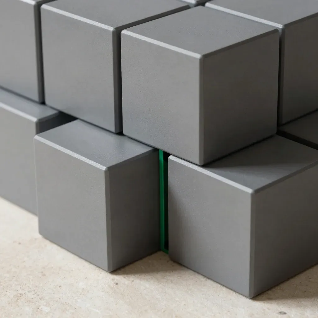 Matte modulaire kubussen met connector op licht steen, van boven in zacht groen accent.