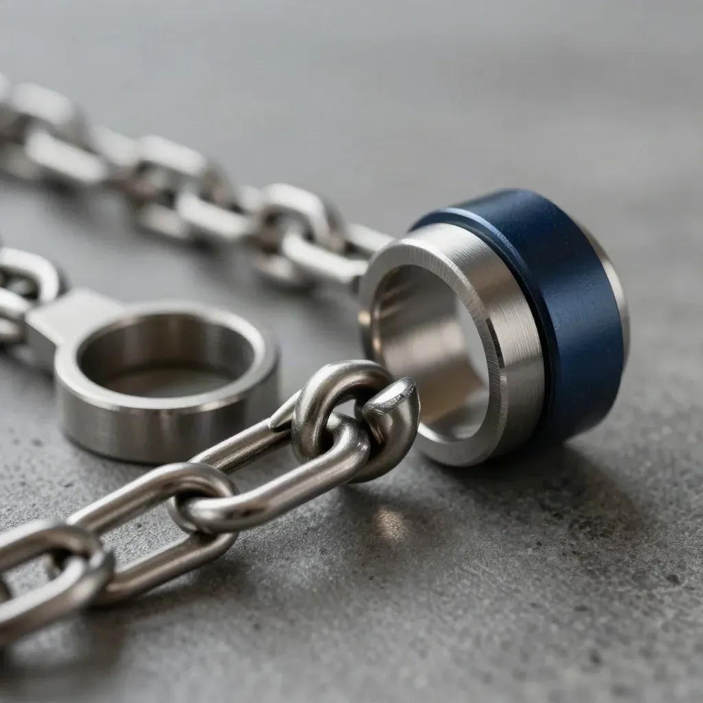 Metalen ringen en kabelkoppelingen op een donkere betonplaat met zacht daglicht.