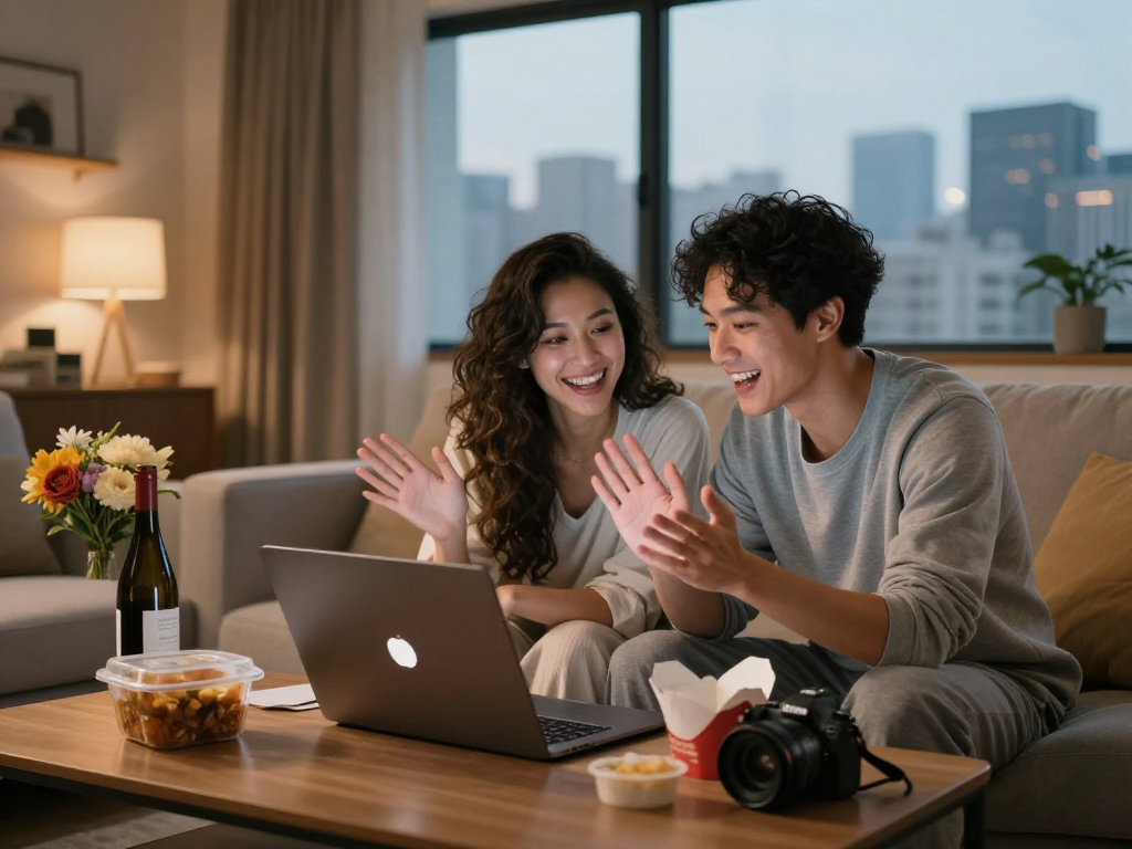 Couple enjoying virtual date at home through https://f168.dating/ with takeout and wine, warm atmosphere.